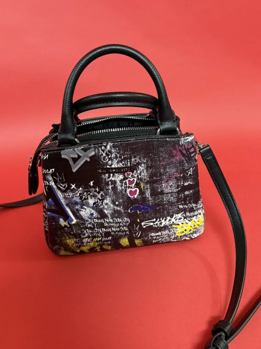 DKNY Graffiti Print Mini Satchel Crossbody Bag Black NYC Street Art Purse